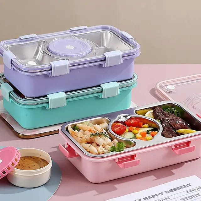 Bento Buddy 3 Compartment Stainless Steel Lunch Box with Bowl – For Solid Food