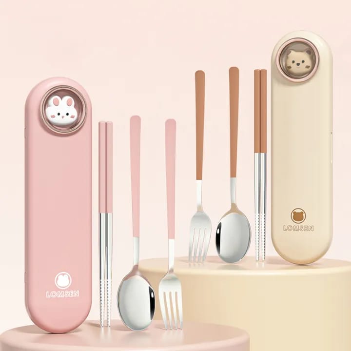 Bunny & Bear Stainless Steel Cutlery Set – Spoon, Fork & Chopsticks
